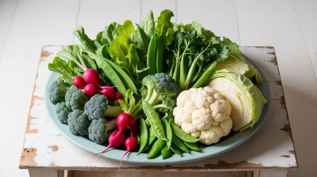 lettuce, radishes, peas, broccoli, cabbage, and cauliflower.